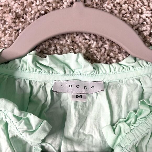 S’edge Top Women’s Medium Teal Green Ruffled Short Puff Sleeve Blouse - Picture 2 of 4